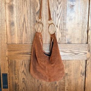Tan/Brown Suede Ring-Handle Hobo Bag - Brown